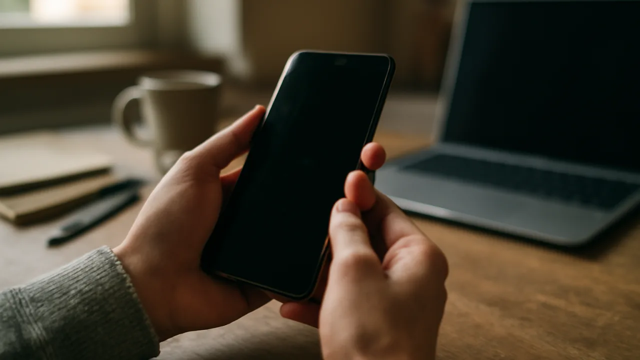 Bir kişinin elinde akşam ışığında belirsiz yansımalar taşıyan bir telefon ve dağınık bir çalışma masası görülüyor; görselde yazı ya da arayüz öğesi yok.